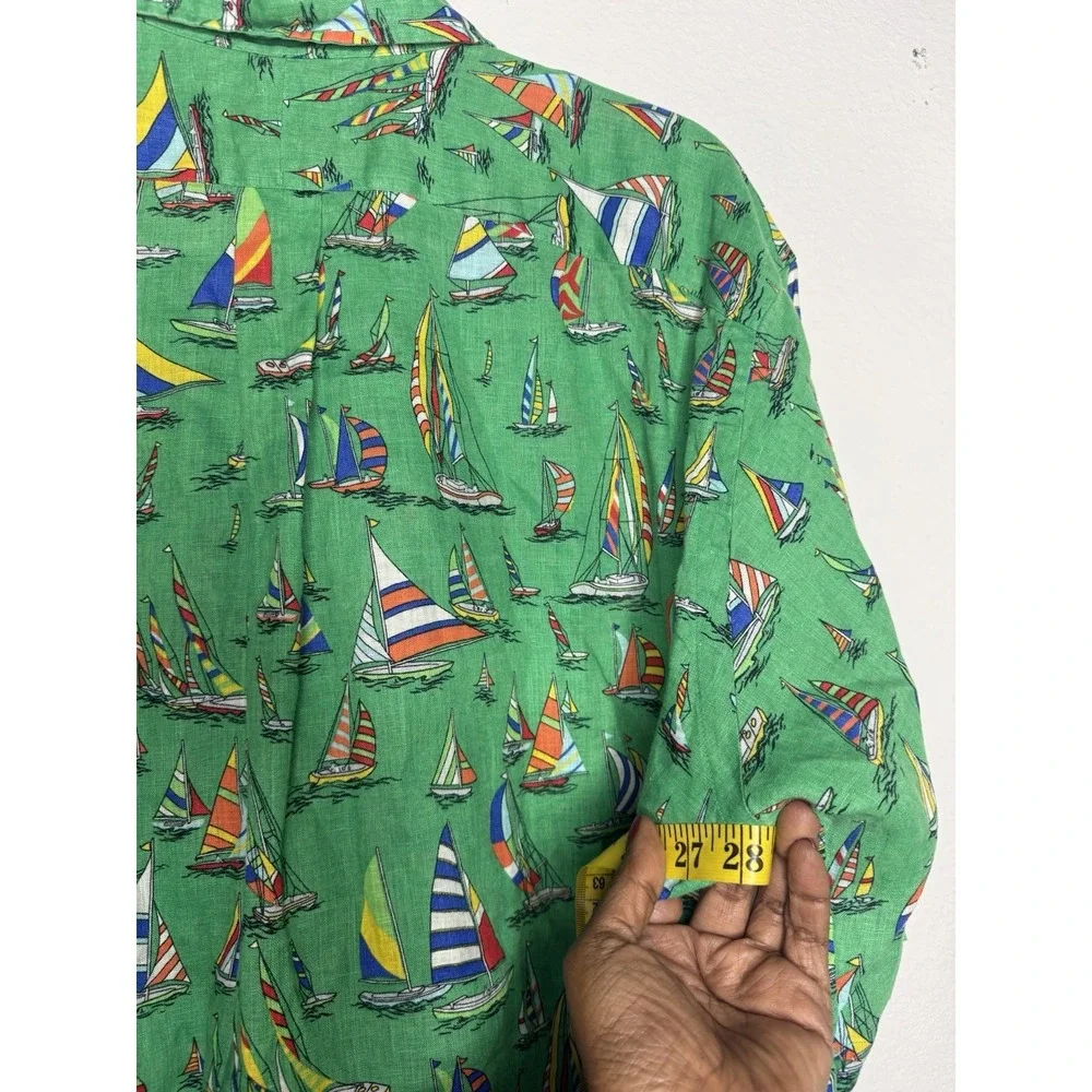 Polo Ralph Lauren Men Shirt 100% Linen‎ Sail Boat Short Sleeve Button Up Size LT
